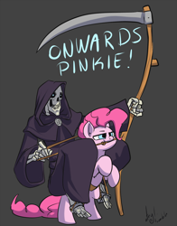 Size: 1000x1274 | Tagged: safe, artist:atryl, character:pinkie pie, species:earth pony, species:pony, binky, bridle, crossover, discworld, duo, gray background, grim reaper, rearing, riding, scythe, simple background