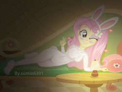 Size: 2000x1500 | Tagged: safe, artist:sumin6301, character:fluttershy, my little pony:equestria girls, bodysuit, bunny costume, bunny ears, clothing, female, solo, wink