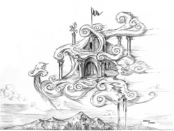 Size: 1200x907 | Tagged: safe, artist:baron engel, cloud house, monochrome, pencil drawing, rainbow dash's house, scenery, traditional art