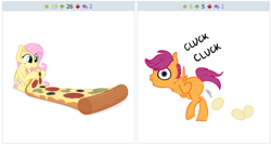 Size: 514x273 | Tagged: safe, artist:glacierclear, artist:zutheskunk edits, character:fluttershy, character:scootaloo, species:pegasus, species:pony, derpibooru, eating, egg, exploitable meme, food, juxtaposition, juxtaposition win, laying an egg, meat, meme, meta, oviposition, pepperoni, pepperoni pizza, pizza, ponies eating meat, scootachicken
