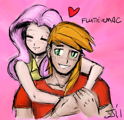 Size: 900x872 | Tagged: safe, artist:johnjoseco, artist:michos, character:big mcintosh, character:fluttershy, species:human, ship:fluttermac, arms/forelegs around neck, colored, female, hug, humanized, male, shipping, straight