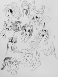 Size: 960x1280 | Tagged: safe, artist:glacierclear, character:applejack, character:fluttershy, character:pinkie pie, character:princess luna, character:rainbow dash, character:rarity, character:twilight sparkle, character:twilight sparkle (alicorn), species:alicorn, species:pony, female, mane six, mare, monochrome, sketch, sketch dump, traditional art