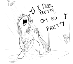 Size: 900x800 | Tagged: safe, artist:glacierclear, character:rarity, character:sweetie belle, species:pony, species:unicorn, dialogue, female, filly, mare, monochrome, open mouth, shower, singing, singing in the shower, sisters, song reference, voyeurism, west side story, wet, wet mane, wet mane rarity