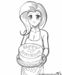 Size: 671x813 | Tagged: safe, artist:johnjoseco, character:fluttershy, species:human, apron, cake, clothing, female, grayscale, humanized, looking at you, monochrome, naked apron, simple background, solo