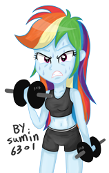 Size: 1172x1855 | Tagged: safe, artist:sumin6301, character:rainbow dash, my little pony:equestria girls, belly button, clothing, female, midriff, simple background, solo, sports bra, sports shorts, transparent background, vector, weight lifting