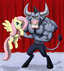 Size: 1100x1210 | Tagged: safe, artist:johnjoseco, character:fluttershy, character:iron will, species:minotaur, species:pegasus, species:pony, curtain, curtains, duo, female, flex, flying, mare, nose piercing, nose ring, piercing, stage