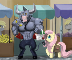 Size: 1300x1083 | Tagged: safe, artist:johnjoseco, character:derpy hooves, character:fluttershy, character:hugh jelly, character:iron will, species:earth pony, species:minotaur, species:pegasus, species:pony, banana, basket, female, grapes, male, manly grocery shopping, mare, saddle bag, stallion