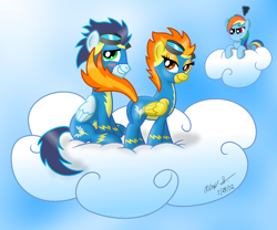Size: 1024x854 | Tagged: safe, artist:aleximusprime, character:rainbow dash, character:soarin', character:spitfire, ship:soarinfire, blushing, female, flirting, jealous, male, shipping, straight, tail seduce