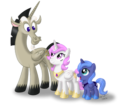 Size: 1024x908 | Tagged: safe, artist:aleximusprime, character:discord, character:princess celestia, character:princess luna, species:pony, accord (alicorn), age of the alicorns, filly, pink-mane celestia, simple background, transparent background, trio, woona, younger