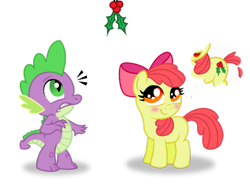 Size: 900x664 | Tagged: safe, artist:aleximusprime, character:apple bloom, character:spike, species:dragon, species:earth pony, species:pony, ship:spikebloom, adorabloom, alternate cutie mark, apple bloom's bow, apple bloom's cutie mark, blank flank, blushing, bow, cute, cutie mark, duo, female, filly, hair bow, hearts warming day, holly, holly mistaken for mistletoe, idea, interspecies, male, nervous, shipping, simple background, straight, thinking, transparent background
