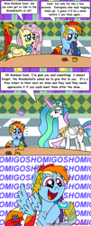 Size: 1024x2539 | Tagged: safe, artist:aleximusprime, character:fluttershy, character:philomena, character:princess celestia, character:rainbow dash, after the gala, comic, comic sans, omigosh, text