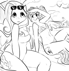 Size: 761x787 | Tagged: safe, artist:glacierclear, character:fluttershy, character:rainbow dash, species:anthro, beach, belly button, bikini, chubby, clothing, explicit source, monochrome, one-piece swimsuit, plump, swimsuit