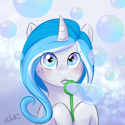 Size: 2996x3000 | Tagged: safe, artist:askbubblelee, oc, oc only, oc:bubble lee, oc:imago, species:pony, species:unicorn, blowing bubbles, blushing, bubble, bubble wand, cute, dexterous hooves, female, freckles, hoof hold, looking at you, ocbetes, portrait, solo