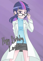 Size: 1280x1783 | Tagged: safe, artist:jonfawkes, character:twilight sparkle, character:twilight sparkle (scitwi), species:eqg human, my little pony:equestria girls, clothing, female, glasses, happy birthday, human coloration, lab coat, solo