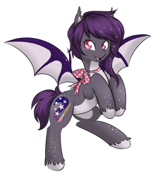 Size: 2978x3279 | Tagged: safe, artist:askbubblelee, oc, oc only, oc:midnight mural, species:bat pony, species:pony, bipedal, cute, fangs, fluffy, freckles, looking at you, open mouth, rearing, ribbon, simple background, smiling, solo, spread wings, transparent background, unshorn fetlocks, wings