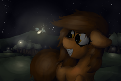 Size: 1280x853 | Tagged: safe, artist:marsminer, oc, oc only, oc:venus spring, species:pony, species:unicorn, braces, cute, eyes on the prize, female, firefly, floppy ears, grin, happy, mare, night, night sky, sky, smiling, solo, squee, stars, teeth, tree, venus spring actually having a pretty good time