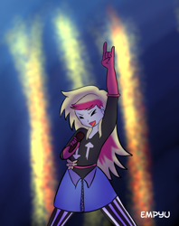 Size: 792x1000 | Tagged: safe, artist:empyu, character:derpy hooves, episode:life is a runway, equestria girls:rainbow rocks, g4, my little pony: equestria girls, my little pony:equestria girls, clothing, denim skirt, devil horn (gesture), epic derpy, female, skirt, solo, zipper