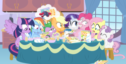 Size: 1440x740 | Tagged: safe, artist:dm29, character:applejack, character:fluttershy, character:pinkie pie, character:rainbow dash, character:rarity, character:spike, character:sweetie belle, character:twilight sparkle, character:twilight sparkle (alicorn), species:alicorn, species:pony, breakfast, carousel boutique, cereal, dining table, female, gem helmet, helmet, i didn't listen, kitchen, mane seven, mane six, mare, shaking, sugar rush