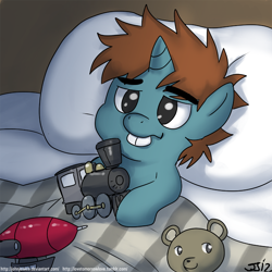 Size: 900x900 | Tagged: safe, artist:johnjoseco, character:snips, species:pony, species:unicorn, g4, bucktooth, colt, cute, diasnips, lying on bed, male, morning ponies, solo, train, zeppelin