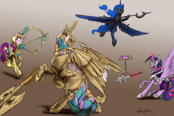 Size: 1280x853 | Tagged: safe, artist:silfoe, character:princess cadance, character:princess celestia, character:princess luna, character:twilight sparkle, character:twilight sparkle (alicorn), species:alicorn, species:pony, royal sketchbook, alicorn tetrarchy, armor, arrow, axe, battle axe, bow (weapon), bow and arrow, female, fight, flying, gritted teeth, mace, magic, mare, morning star, open mouth, polearm, rearing, sparring, spear, spread wings, telekinesis, war axe, warrior cadance, warrior celestia, warrior luna, warrior twilight sparkle, weapon, wide eyes, wings
