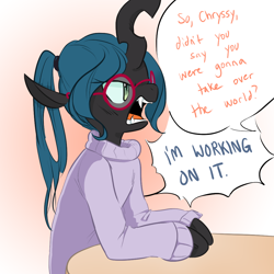 Size: 1000x1000 | Tagged: safe, artist:adequality, artist:glacierclear, artist:glacierclear edits, edit, character:queen chrysalis, species:changeling, alternate hairstyle, changeling queen, clothing, dork, dorkalis, female, glasses, nerd, sweater