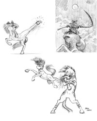 Size: 1100x1373 | Tagged: safe, artist:baron engel, character:apple bloom, character:zecora, species:pony, species:zebra, action pose, bipedal, flexible, karate, kicking, monochrome, pencil drawing, scythe, traditional art
