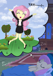Size: 2313x3315 | Tagged: safe, artist:sumin6301, character:fluttershy, species:pegasus, species:pony, my little pony:equestria girls, belly button, business suit, clothing, dream, dress shirt, eyes closed, female, happy, mare, onomatopoeia, shirt, skirt, skirt suit, sleeping, solo, sound effects, square crossover, suit, yay, zzz