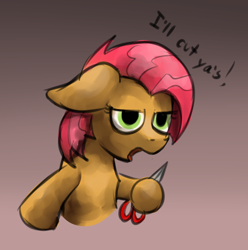 Size: 1280x1290 | Tagged: safe, artist:marsminer, character:babs seed, species:earth pony, species:pony, episode:bloom and gloom, g4, my little pony: friendship is magic, cut, female, filly, open mouth, scissors, solo, that was fast, threat