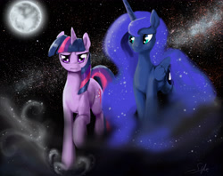 Size: 5021x3970 | Tagged: safe, artist:silfoe, character:princess luna, character:twilight sparkle, character:twilight sparkle (unicorn), species:alicorn, species:pony, species:unicorn, fanfic:within and without, ship:twiluna, g4, fanfic, fanfic art, female, lesbian, mare, moon, raised hoof, shipping, signature, space