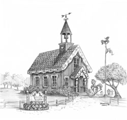 Size: 1100x1037 | Tagged: safe, artist:baron engel, architecture, monochrome, pencil drawing, ponyville schoolhouse, scenery, school, topiary, traditional art
