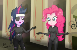 Size: 2004x1308 | Tagged: safe, artist:sumin6301, character:pinkie pie, character:twilight sparkle, episode:it's about time, g4, my little pony: friendship is magic, my little pony:equestria girls, belly button, bodysuit, catsuit, equestria girls interpretation, future twilight, scene interpretation