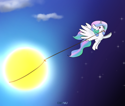 Size: 1000x849 | Tagged: safe, artist:empyu, character:princess celestia, 30 minute art challenge, cewestia, cute, female, filly, mouth hold, rope, solo, sun work, tangible heavenly object