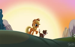 Size: 1680x1050 | Tagged: safe, artist:mysticalpha, character:applejack, character:winona, species:dog, species:earth pony, species:pony, bush, dusk, female, fence, grass, hill, mare, mountain, sunset, twilight (astronomy), wallpaper