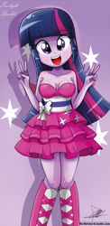 Size: 645x1321 | Tagged: safe, artist:the-butch-x, character:twilight sparkle, character:twilight sparkle (alicorn), species:alicorn, my little pony:equestria girls, armpits, bare shoulders, beautiful, beautiful x, boots, breasts, busty twilight sparkle, cleavage, clothing, cute, dress, fall formal outfits, female, high heel boots, looking at you, open mouth, peace sign, sleeveless, smiling, solo, sparkles, strapless, twiabetes, twilight ball dress