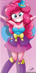 Size: 648x1321 | Tagged: safe, artist:the-butch-x, character:pinkie pie, my little pony:equestria girls, armpits, balloon, bare shoulders, beautiful, beautiful x, boots, breasts, cleavage, clothing, cute, diapinkes, dress, fall formal outfits, female, grin, hat, high heel boots, sleeveless, smiling, solo, strapless, top hat