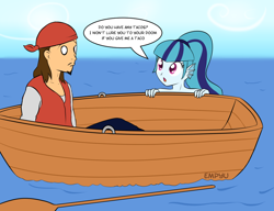 Size: 1000x767 | Tagged: safe, artist:empyu, character:sonata dusk, species:human, species:siren, my little pony:equestria girls, boat, oar, rowboat, sailor, sirens doing siren things, sonataco, water