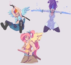 Size: 2048x1849 | Tagged: safe, artist:sundown, character:fluttershy, character:rainbow dash, character:rarity, species:human, action pose, armpits, badass, belly button, breasts, busty fluttershy, busty rarity, cleavage, clothing, dual wield, female, flutterbadass, frown, glare, horned humanization, humanized, juliette d'rarie, katana, knife, magic, midriff, open mouth, ponytail, scar, simple background, sketch dump, sword, torn clothes, weapon, winged humanization