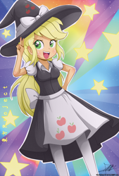 Size: 944x1399 | Tagged: safe, artist:the-butch-x, character:applejack, my little pony:equestria girls, clothing, cosplay, crossover, cute, female, jackabetes, kirisame marisa, solo, sunburst background, touhou