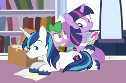 Size: 1100x725 | Tagged: safe, artist:dm29, character:shining armor, character:spike, character:twilight sparkle, character:twilight sparkle (alicorn), species:alicorn, species:pony, book, comic book, cute, fourth wall, free comic book day, reading, trio
