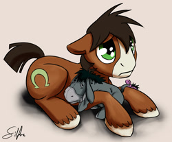 Size: 1956x1620 | Tagged: safe, artist:silfoe, character:trouble shoes, episode:appleoosa's most wanted, g4, my little pony: friendship is magic, cute, eeyore, floppy ears, hatless, looking up, male, missing accessory, plushie, prone, sad, solo, troublebetes, winnie the pooh, woobie