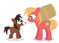 Size: 900x650 | Tagged: safe, artist:dm29, character:big mcintosh, character:trouble shoes, species:earth pony, species:pony, episode:appleoosa's most wanted, g4, my little pony: friendship is magic, barrel, colt, cute, duo, eye contact, frown, little troubleshoes, male, missing accessory, open mouth, simple background, smiling, stallion, transparent background, troublebetes, younger