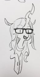 Size: 668x1280 | Tagged: safe, artist:glacierclear, character:queen chrysalis, braces, dork, dorkalis, female, glasses, grin, monochrome, sketch, smiling, solo, traditional art