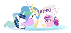 Size: 1200x550 | Tagged: safe, artist:dm29, character:princess cadance, character:princess celestia, character:shining armor, species:alicorn, species:pony, species:unicorn, auntlestia, behaving like a bird, dialogue, duck pony, eye contact, female, frown, glare, gooselestia, hiding, honk, looking at each other, male, mare, momlestia, open mouth, overprotective, simple background, spread wings, stallion, swanlestia, swimming, teen princess cadance, transparent background, trio, trollestia, water, wavy mouth, wide eyes, wings