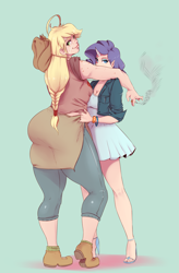 Size: 1499x2285 | Tagged: safe, artist:sundown, character:applejack, character:rarity, species:human, ship:rarijack, applebucking thighs, applebutt, ass, bracelet, cigarette, cleavage, female, freckles, high heels, horned humanization, hug, humanized, jacqueline applebuck, juliette d'rarie, lesbian, looking at you, looking back, sandals, shipping, simple background, smiling, smoking