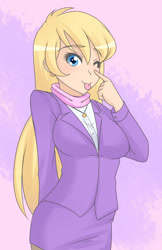 Size: 1280x1980 | Tagged: safe, artist:jonfawkes, character:ms. harshwhinny, species:human, alternate hairstyle, blep, clothing, cute, female, humanized, looking at you, ms. cutewhinny, one eye closed, silly, solo, tongue out, unprofessional, wink