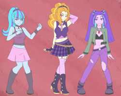 Size: 3000x2363 | Tagged: safe, artist:jonfawkes, character:adagio dazzle, character:aria blaze, character:sonata dusk, my little pony:equestria girls, alternate costumes, belly button, black underwear, boots, bra, clothing, garters, jacket, looking at you, midriff, skirt, stockings, tank top, the dazzlings, torn clothes, underwear