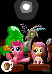 Size: 955x1351 | Tagged: safe, artist:mysticalpha, character:discord, character:fluttershy, character:pinkie pie, character:smooze, ship:smoozcord, episode:make new friends but keep discord, g4, my little pony: friendship is magic, cinema, cute, dialogue, diapinkes, exclamation point, iron man, open mouth, pictogram, popcorn, shipping, speech bubble, that was fast
