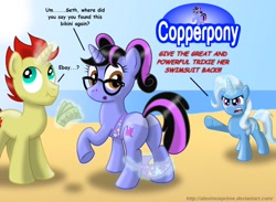 Size: 1024x751 | Tagged: safe, artist:aleximusprime, character:trixie, oc, oc:pixelkitties, oc:sethisto, ponysona, species:pony, species:unicorn, assisted exposure, beach, bikini, clothing, clothing theft, comic sans, coppertone parody, female, glasses, glowing horn, great and powerful, levitation, magic, magic abuse, magic aura, male, mare, money, plot, raised hoof, scrunchy face, stallion, stripped by magic, swimsuit, swimsuit theft, tan lines, telekinesis, text