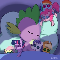 Size: 1000x1000 | Tagged: safe, artist:empyu, character:spike, species:dragon, baby, baby dragon, bed, blanket, button eyes, cute, female, implied applespike, implied flutterspike, implied pinkiespike, implied rainbowspike, implied shipping, implied sparity, implied straight, implied twispike, male, pillow, plushie, rarity plushie, signature, sleeping, solo, sparilush, spikabetes, spike gets all the plushies