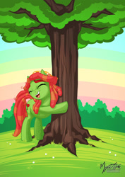 Size: 955x1351 | Tagged: safe, artist:mysticalpha, character:tree hugger, species:earth pony, species:pony, episode:make new friends but keep discord, g4, my little pony: friendship is magic, cute, eyes closed, female, happy, hug, huggerbetes, mare, open mouth, pun, smiling, solo, tree, tree hugger hugging a tree, visual gag